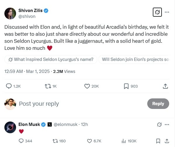 Elon Musk confirms the birth of his 14th child with