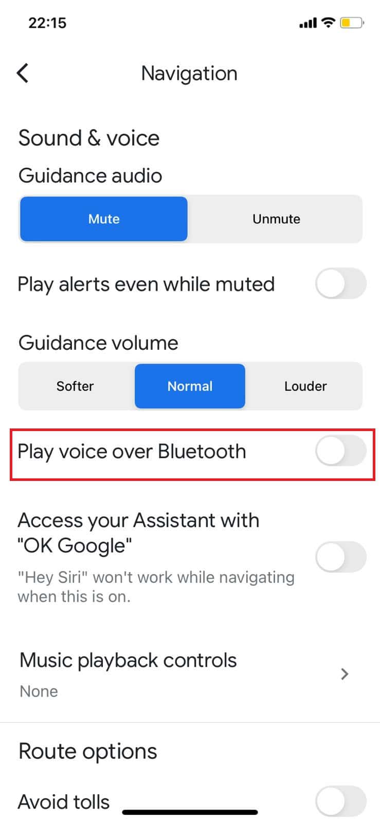 Turn off the Play Voice over Bluetooth switch.